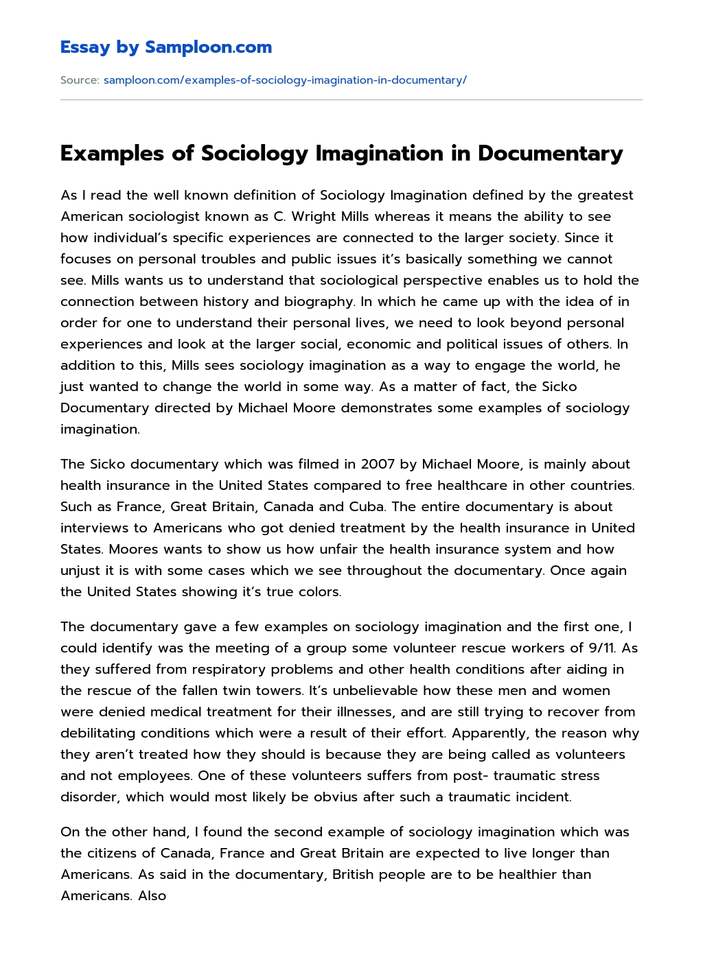 Examples of Sociology Imagination in Documentary essay