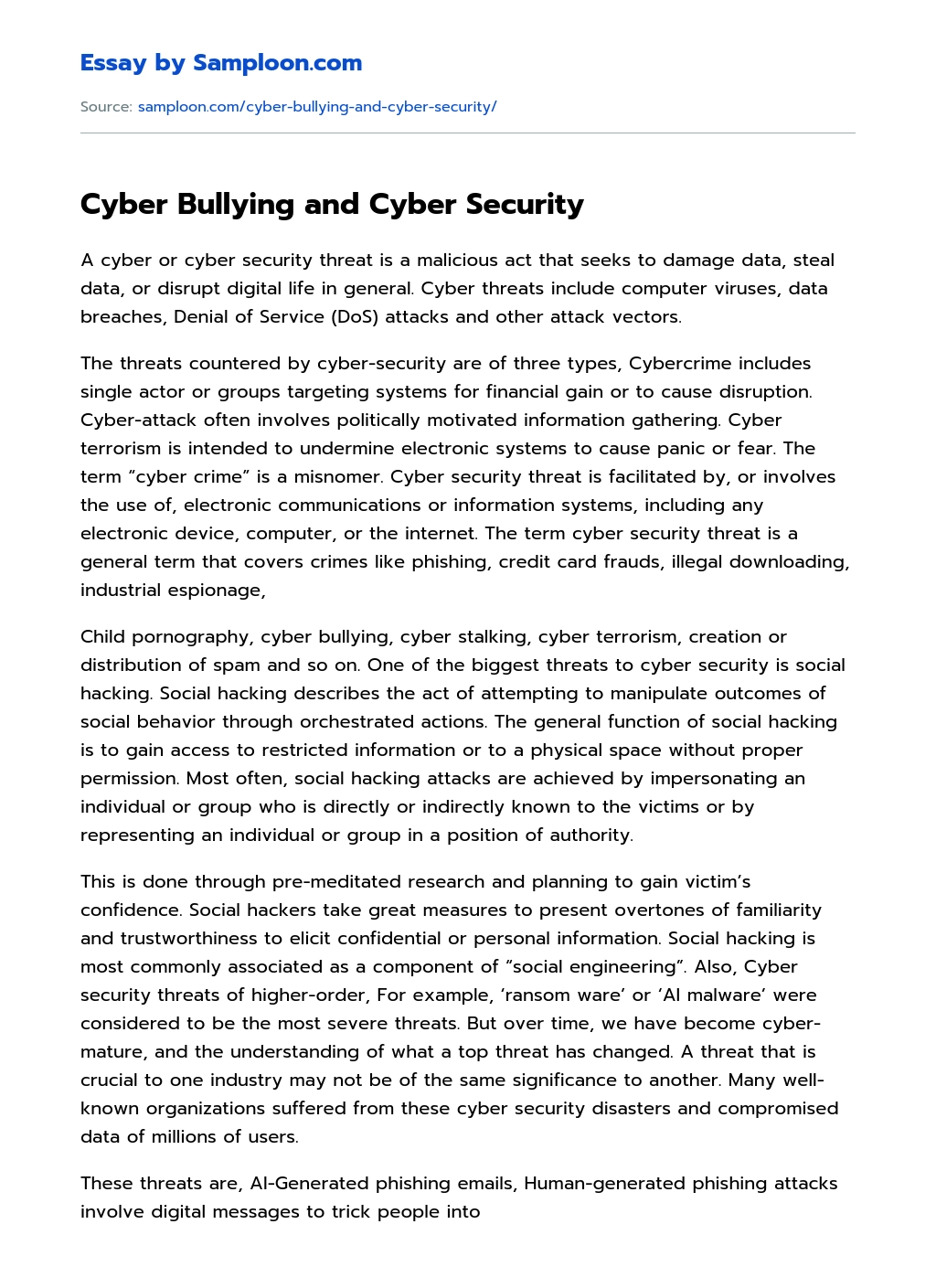 Cyber Bullying and Cyber Security essay