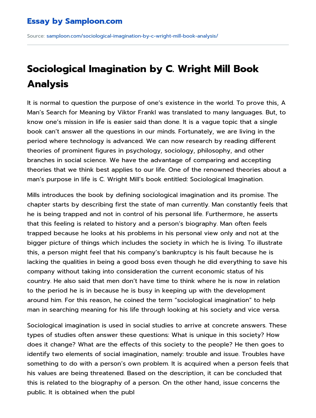 Sociological Imagination by C. Wright Mill Book Analysis essay