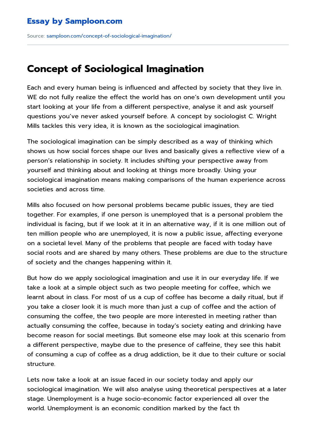 Concept of Sociological Imagination Personal Essay essay