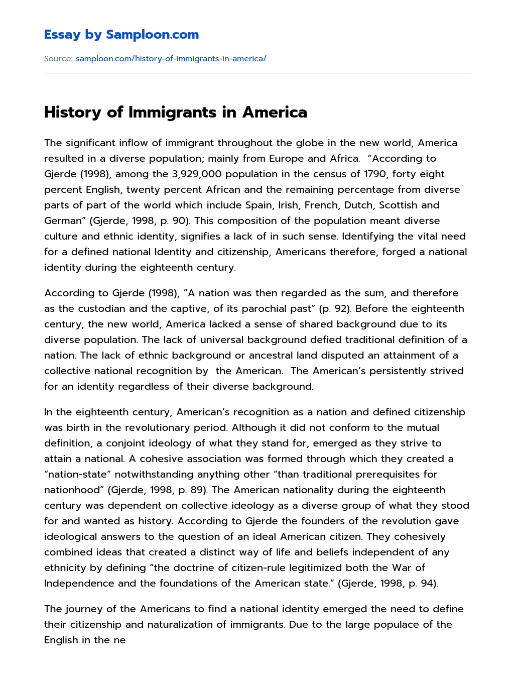 History of Immigrants in America essay