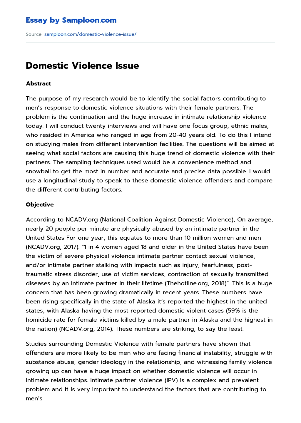 Domestic Violence Issue essay