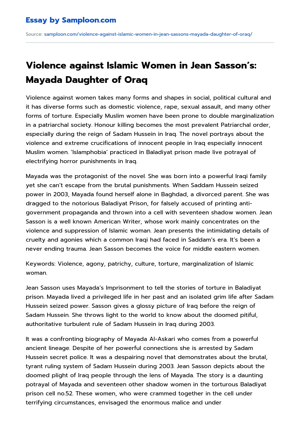 Violence against Islamic Women in Jean Sasson’s: Mayada Daughter of Oraq essay