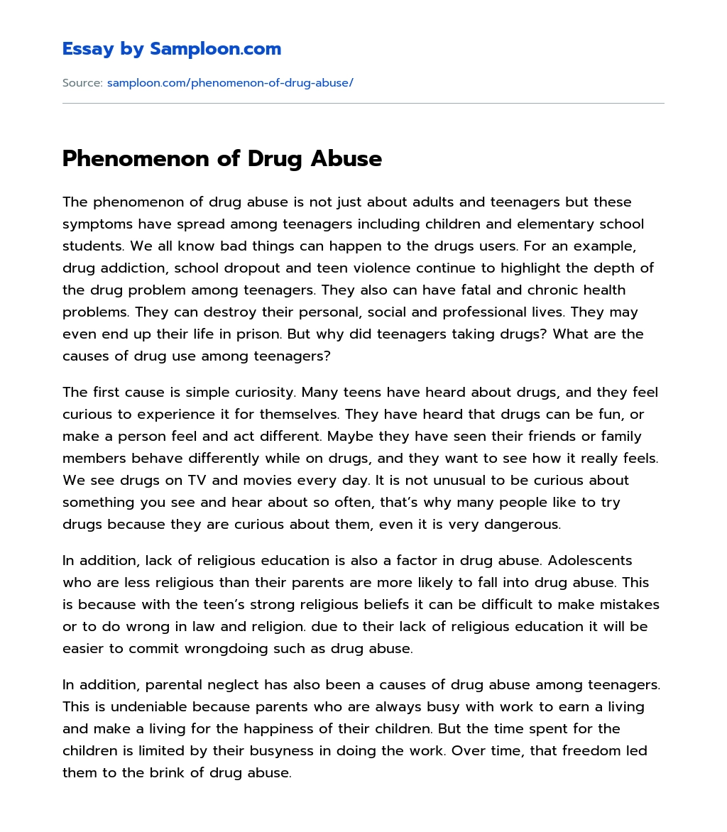 drug abuse among youth essay
