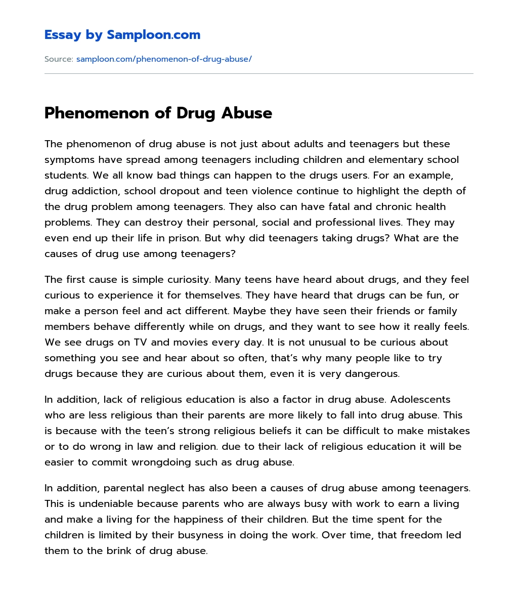  Phenomenon Of Drug Abuse Free Essay Sample On Samploon