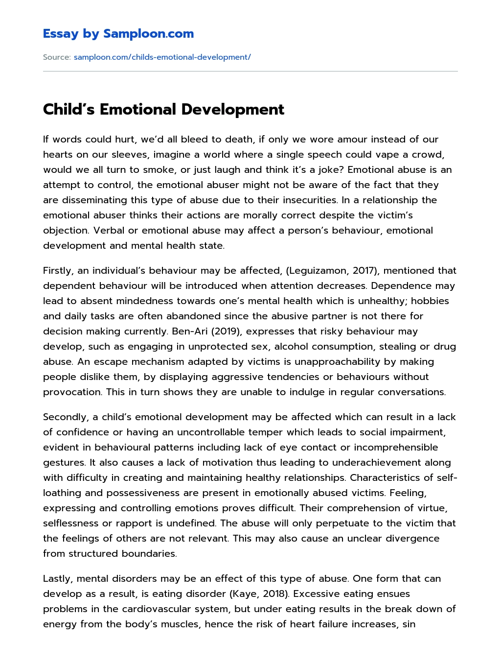 Child’s Emotional Development essay