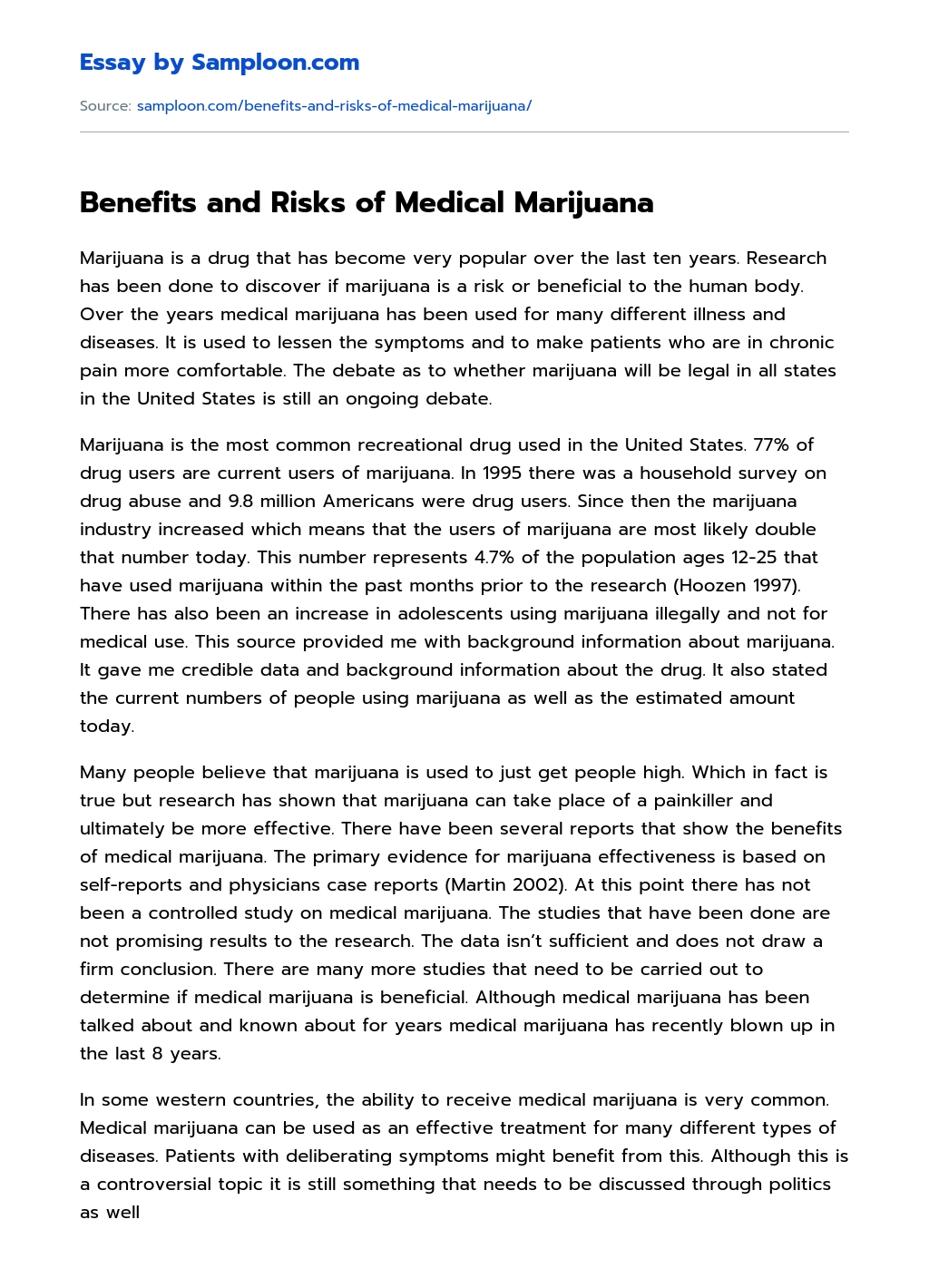 Benefits and Risks of Medical Marijuana essay