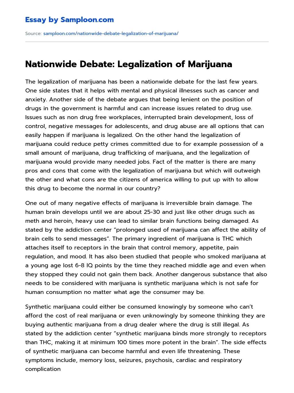 Nationwide Debate: Legalization of Marijuana essay