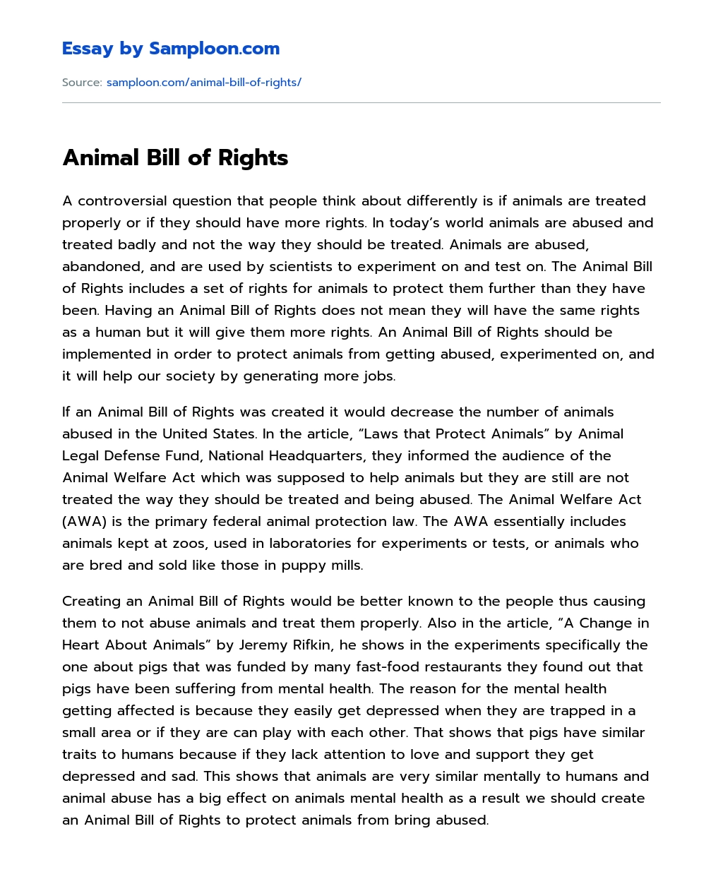 Animal Bill of Rights essay