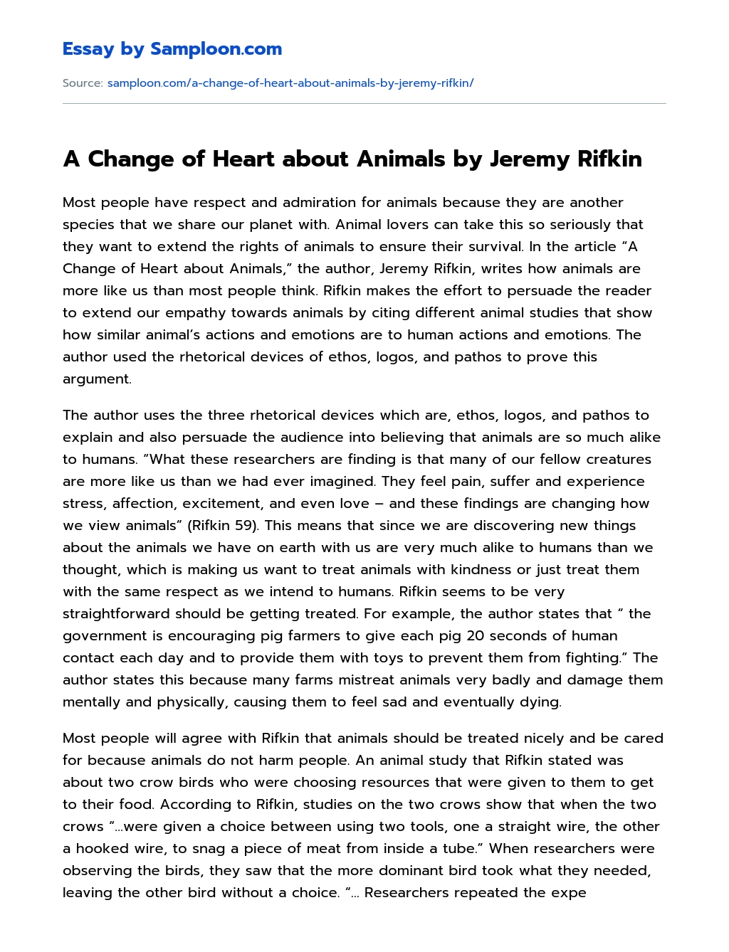A Change of Heart about Animals by Jeremy Rifkin essay