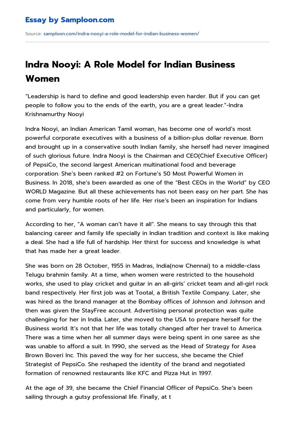 Indra Nooyi: A Role Model for Indian Business Women essay