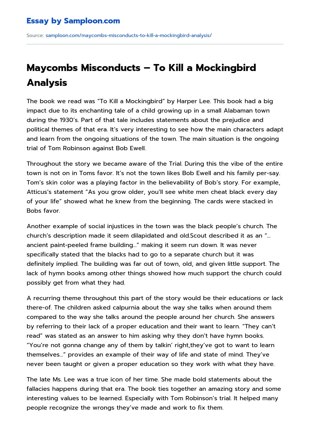 Maycombs Misconducts – To Kill a Mockingbird Analysis essay