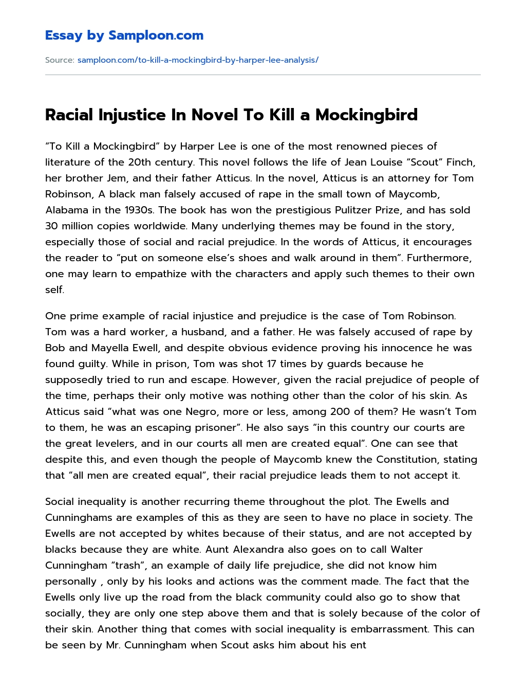 Racial Injustice In Novel To Kill a Mockingbird essay