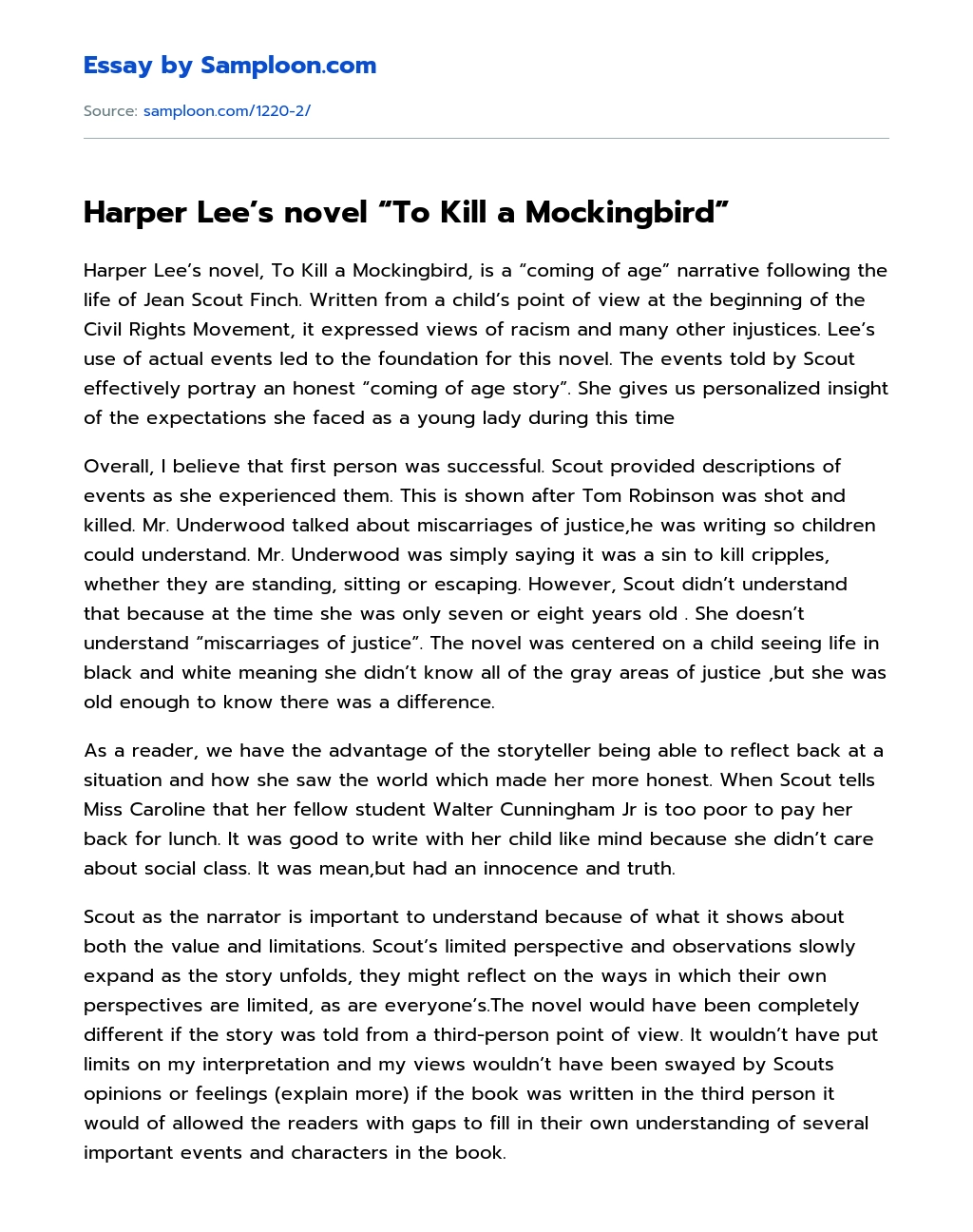 Harper Lee’s novel “To Kill a Mockingbird” essay