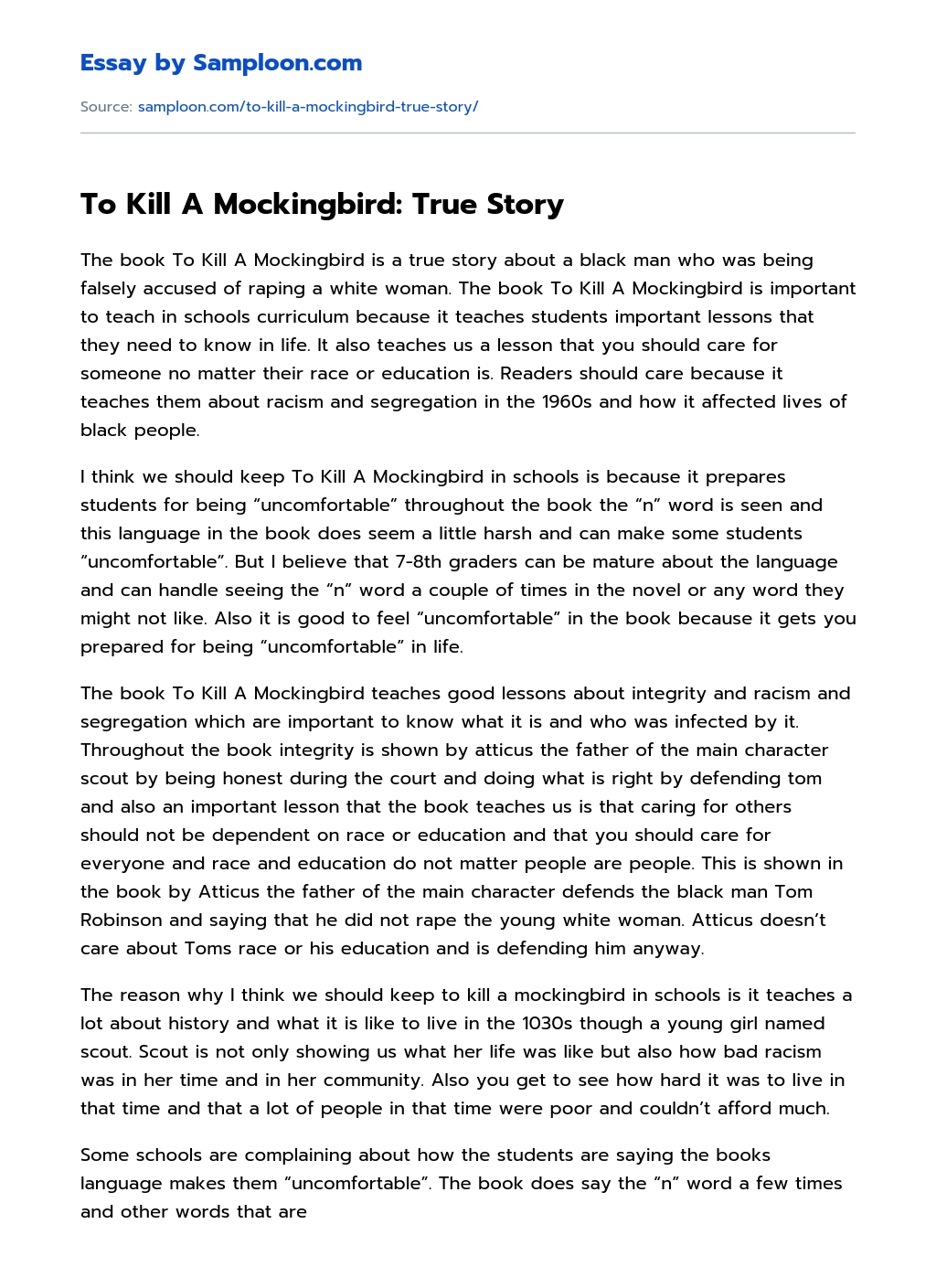To Kill A Mockingbird: True Story essay