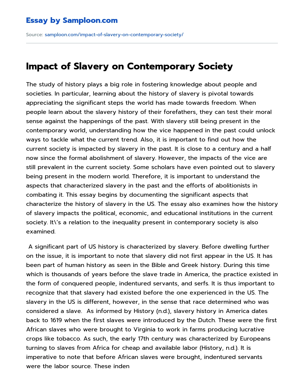 Impact of Slavery on Contemporary Society essay