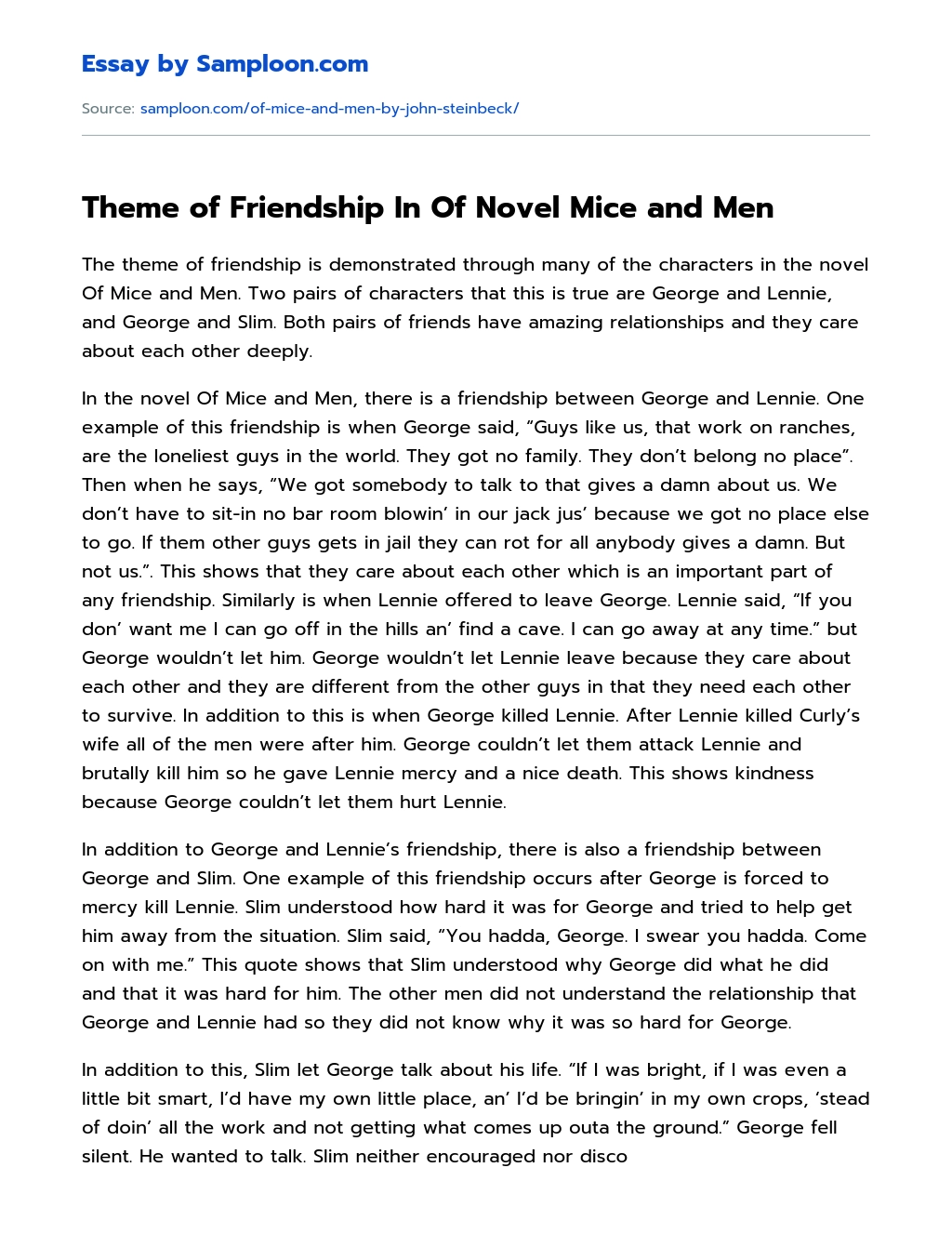 Theme of Friendship In Of Novel Mice and Men Review essay