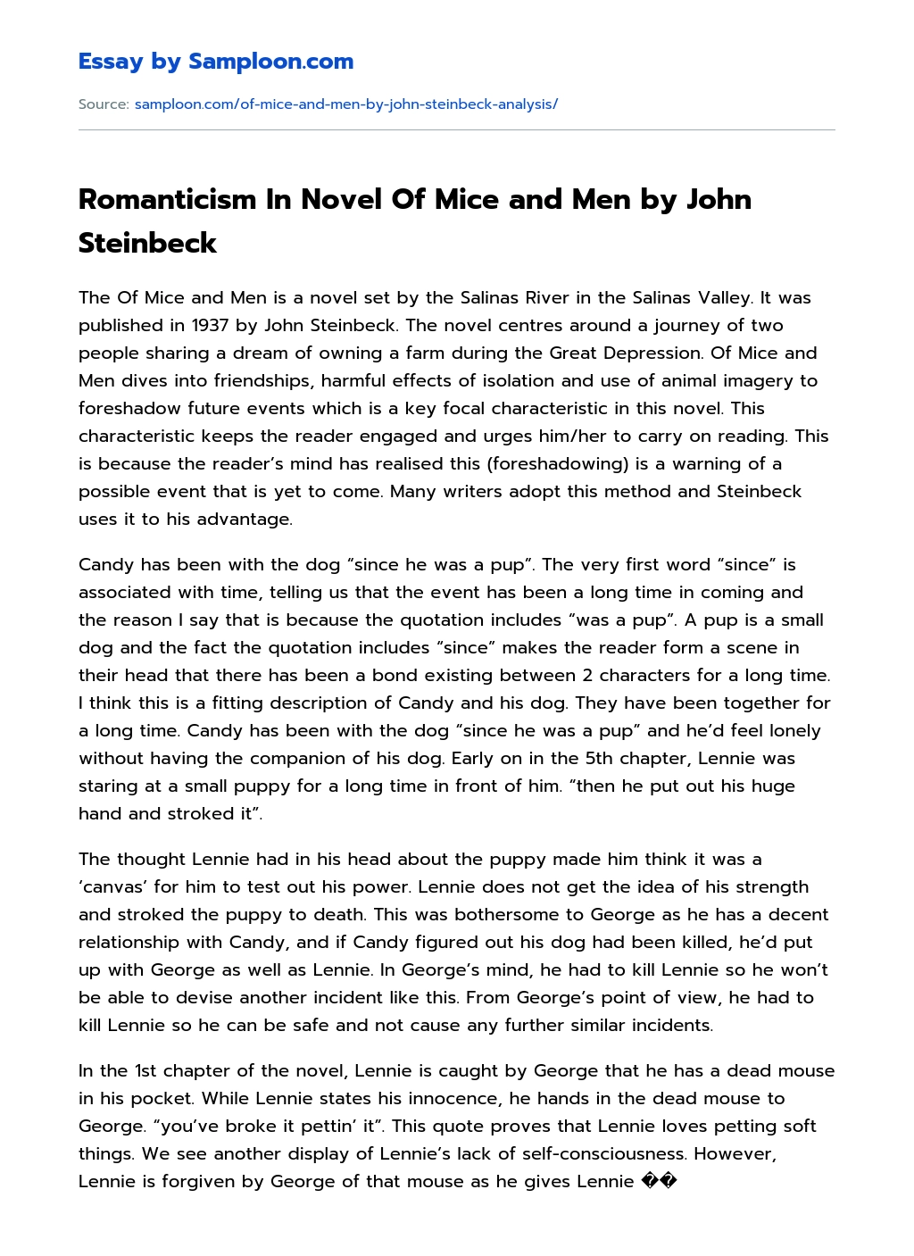Romanticism In Novel Of Mice and Men by John Steinbeck essay