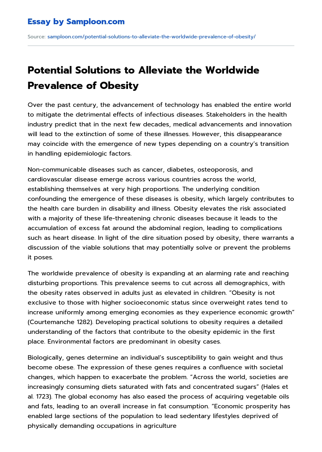Potential Solutions to Alleviate the Worldwide Prevalence of Obesity essay