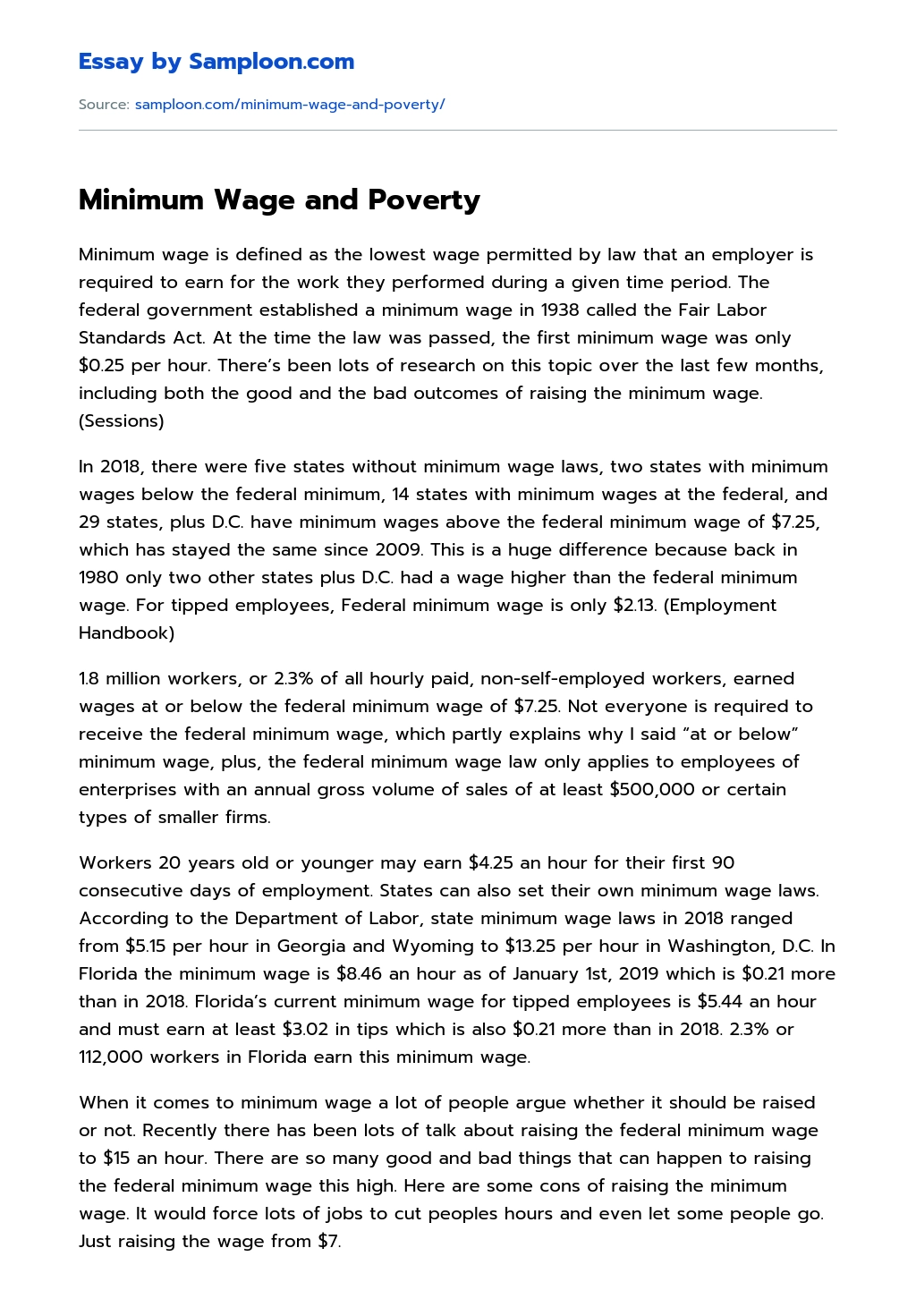 Minimum Wage and Poverty essay