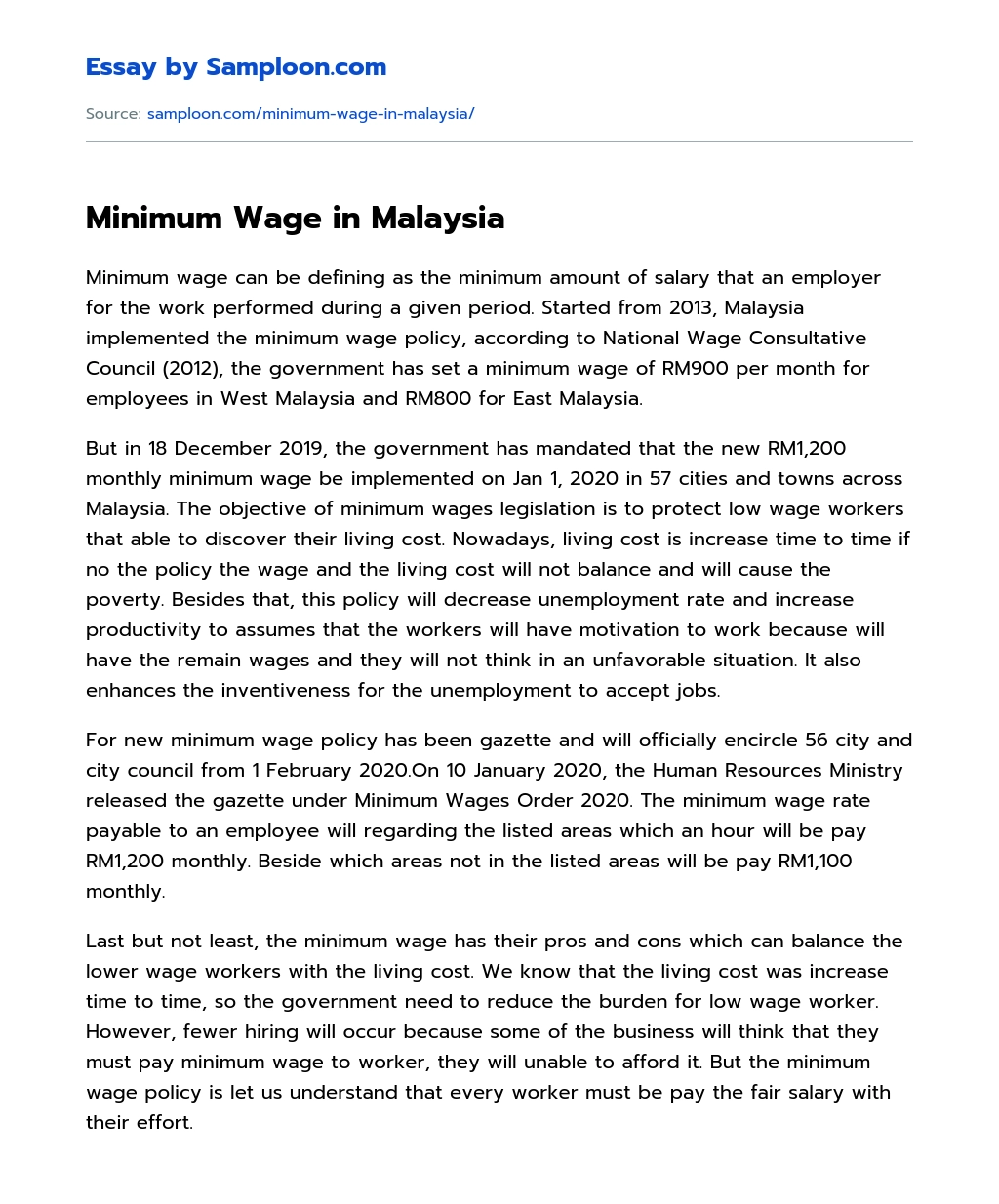 Minimum Wage in Malaysia essay