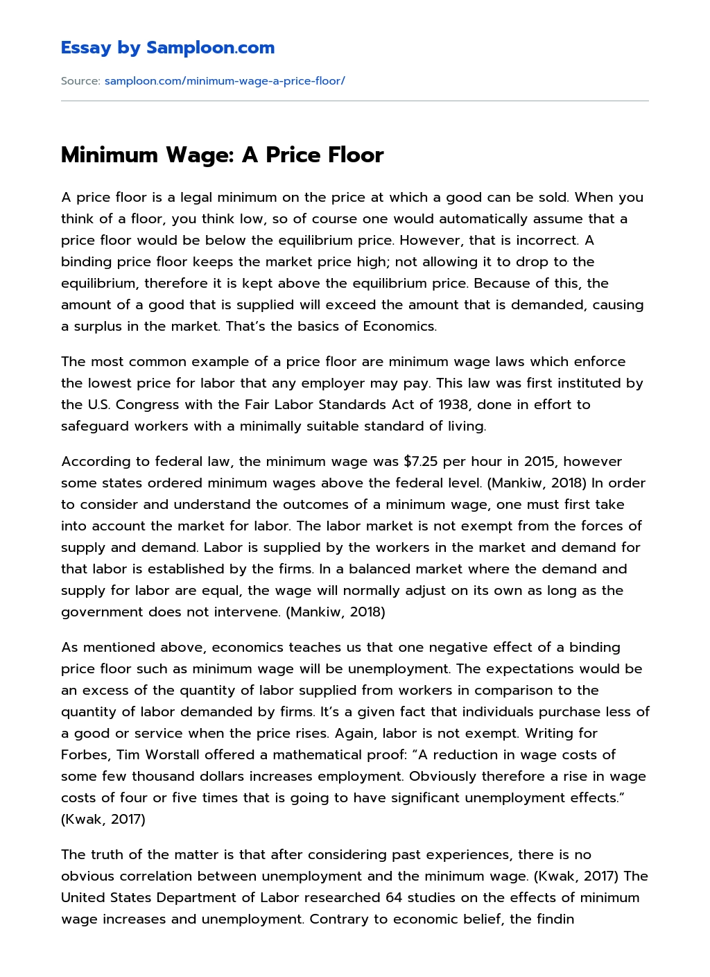 Minimum Wage: A Price Floor essay