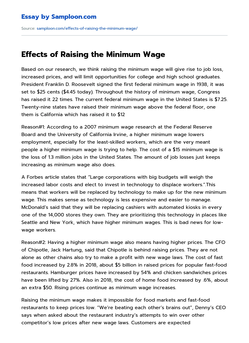 why the minimum wage should not be raised essay