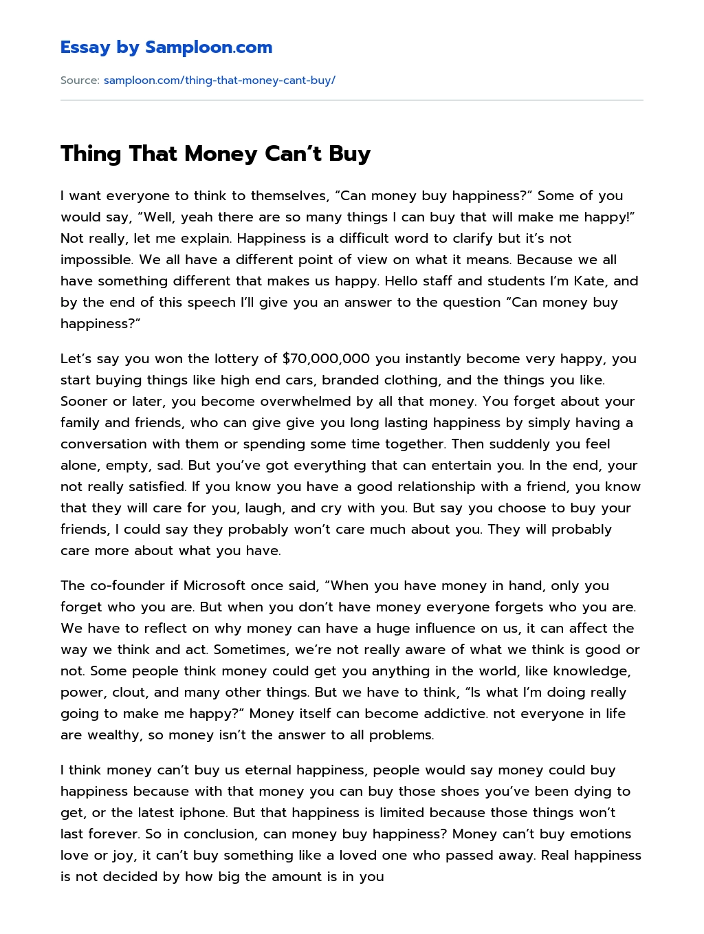 Thing That Money Can’t Buy essay
