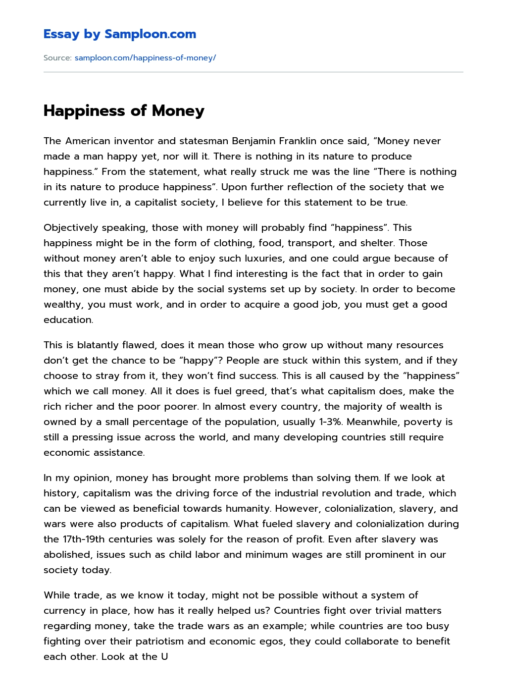 Happiness of Money essay