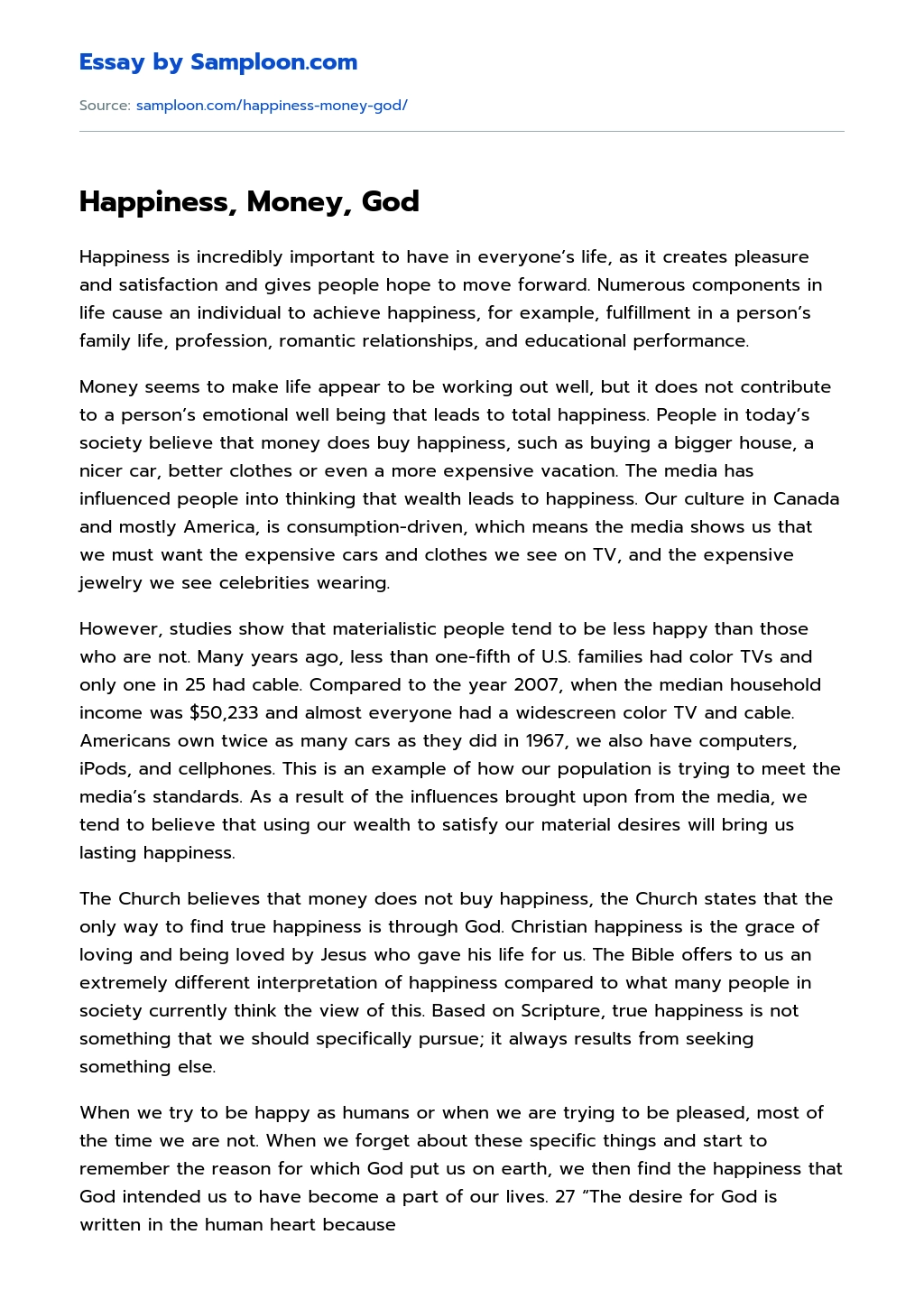 Happiness, Money, God Argumentative Essay essay