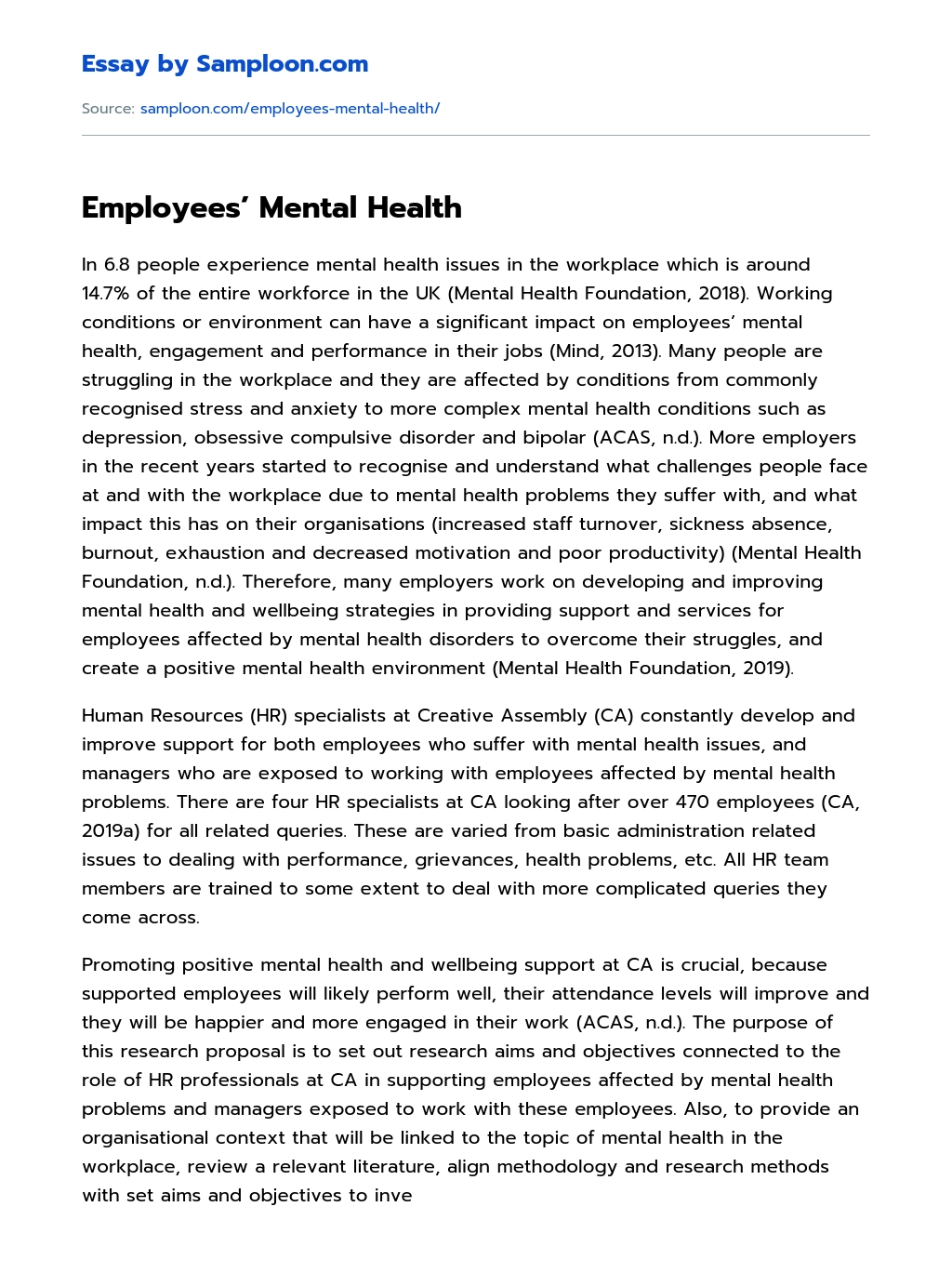 Employees’ Mental Health essay