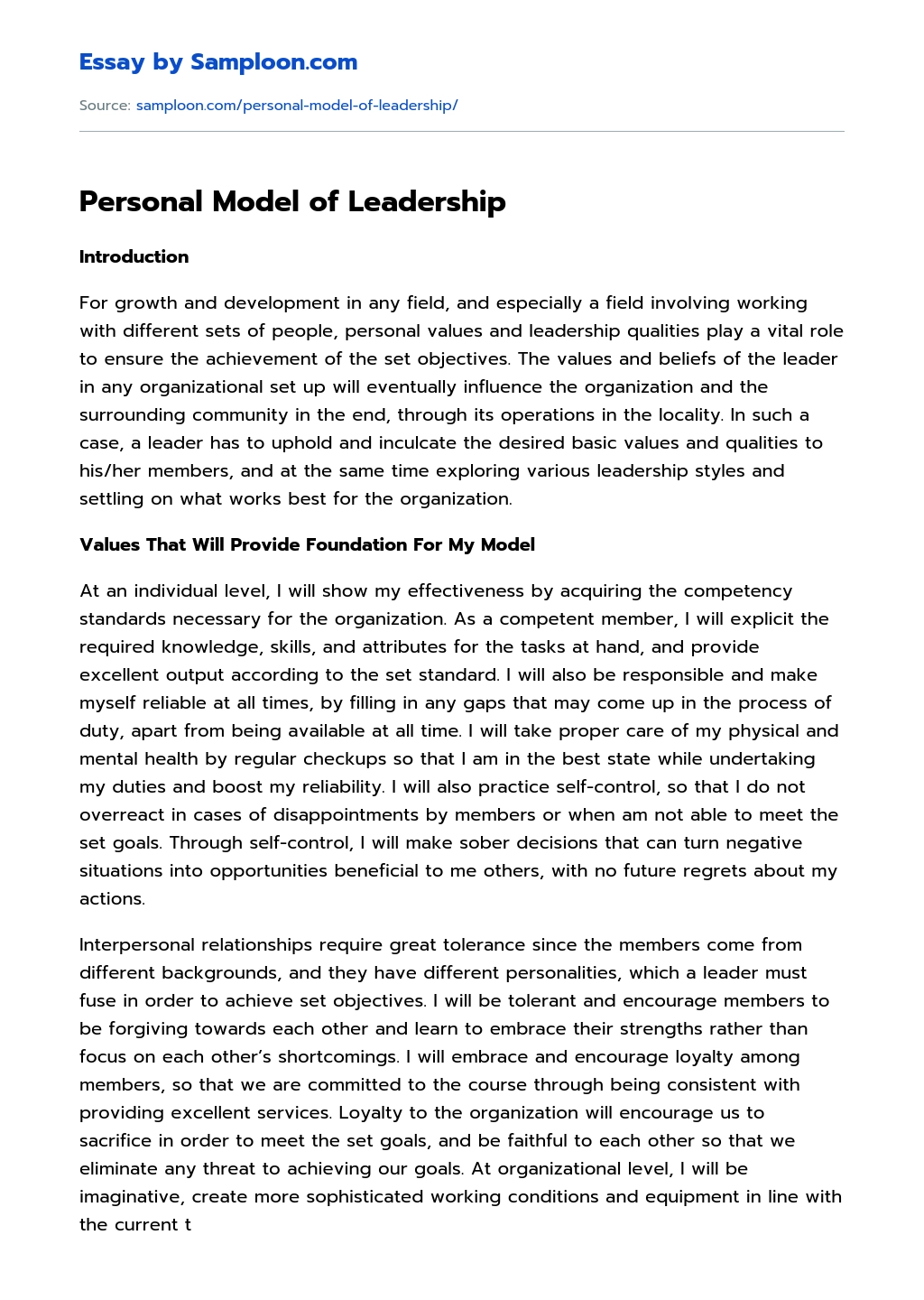 Personal Model of Leadership essay
