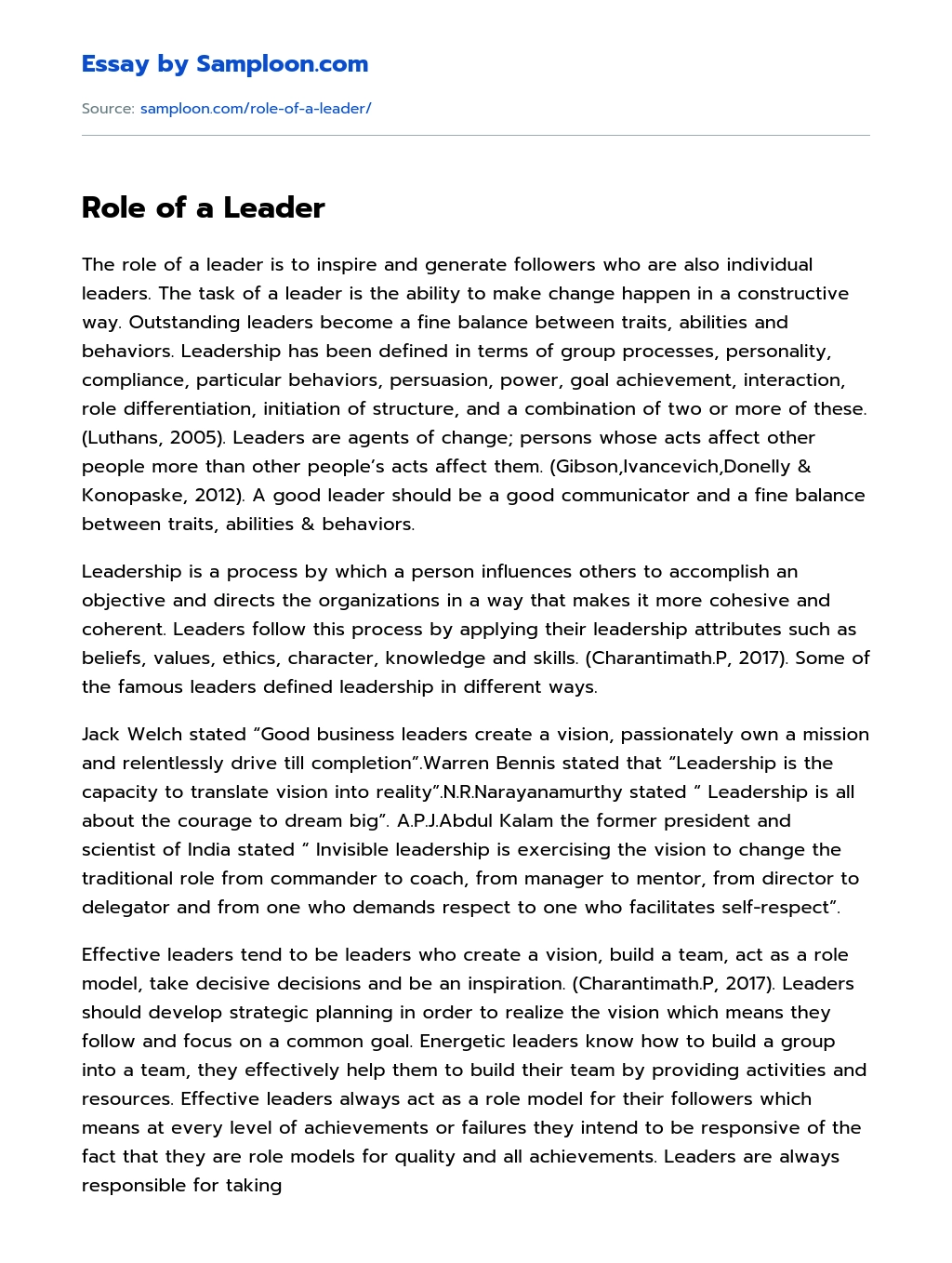 Role of a Leader Personal Essay essay