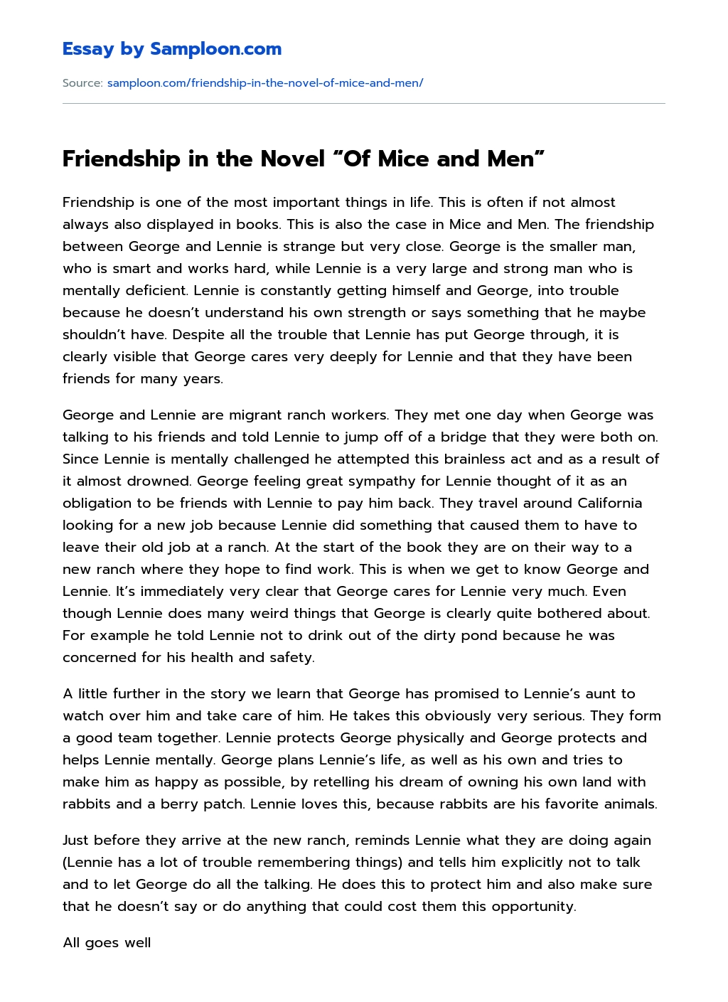 Friendship in the Novel “Of Mice and Men” essay