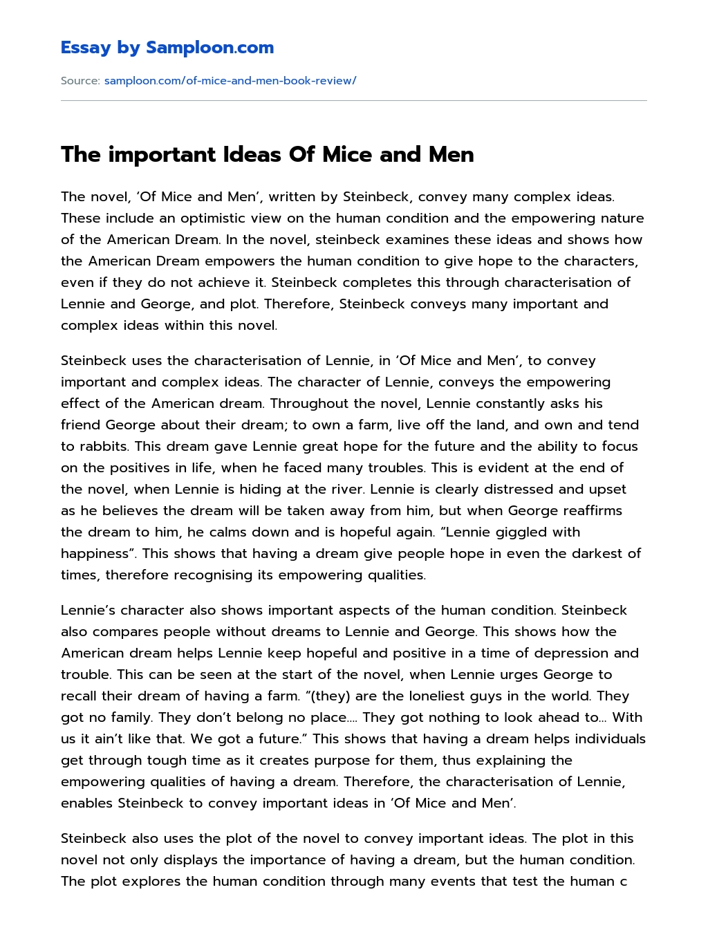 The important Ideas Of Mice and Men essay