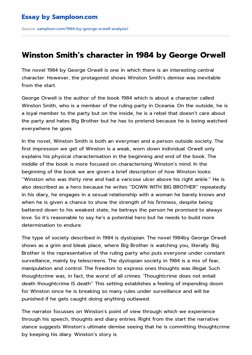 Winston Smith’s character in 1984 by George Orwell Literary Analysis essay