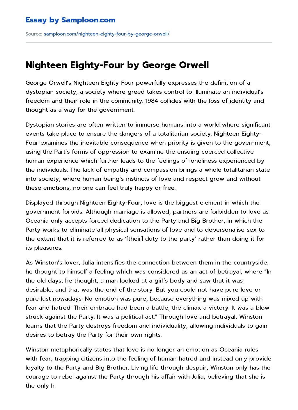 Nighteen Eighty-Four by George Orwell Argumentative Essay essay