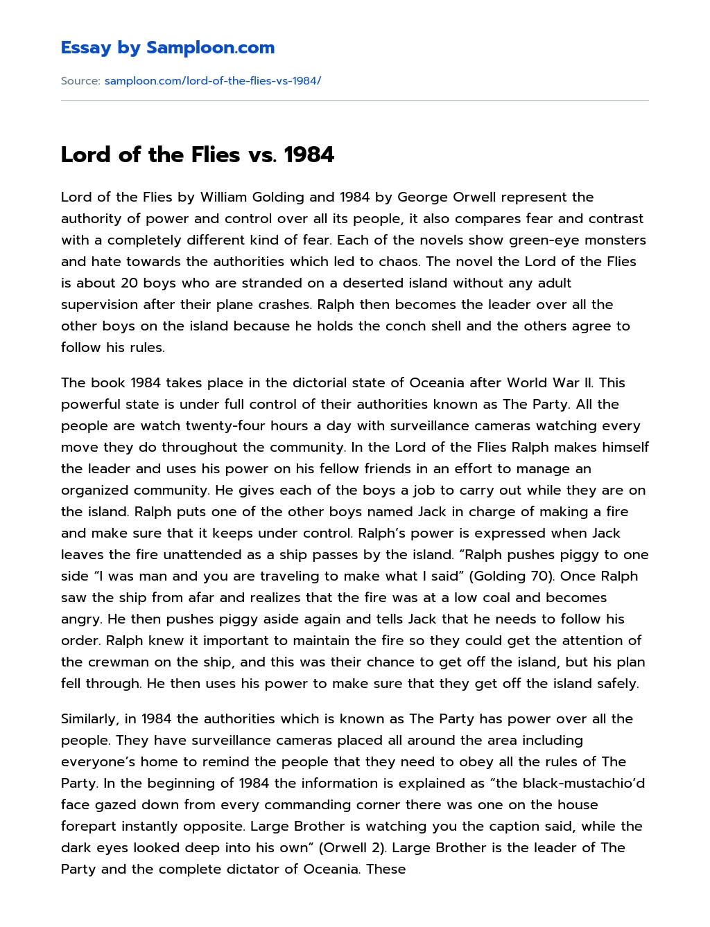 Lord of the Flies vs. 1984 Compare And Contrast essay