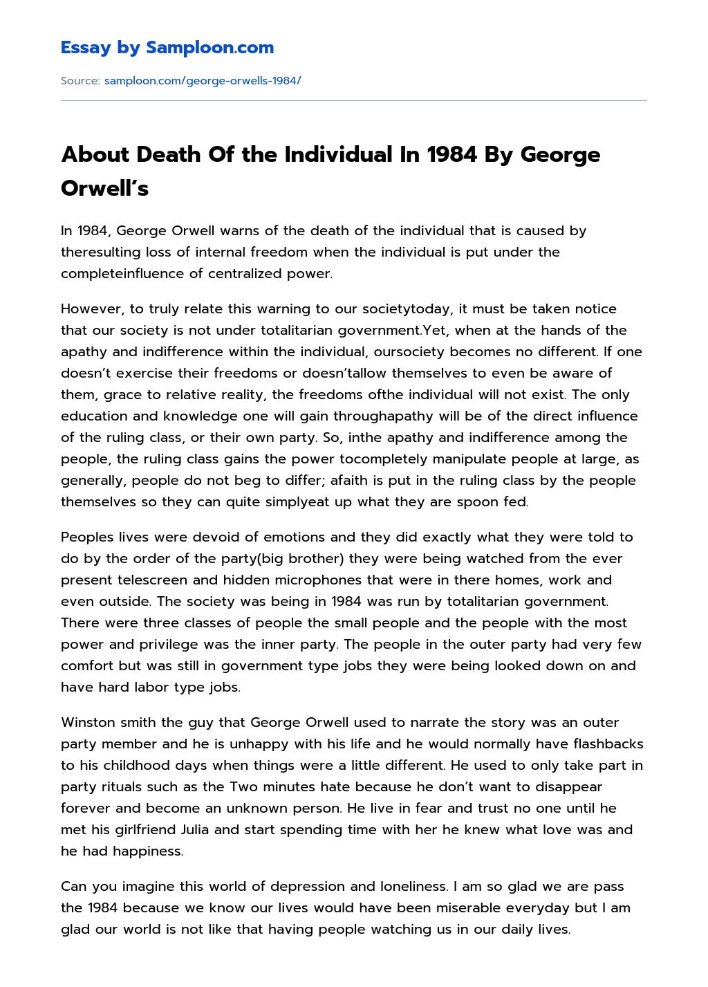 About Death Of the Individual In 1984 By George Orwell’s essay