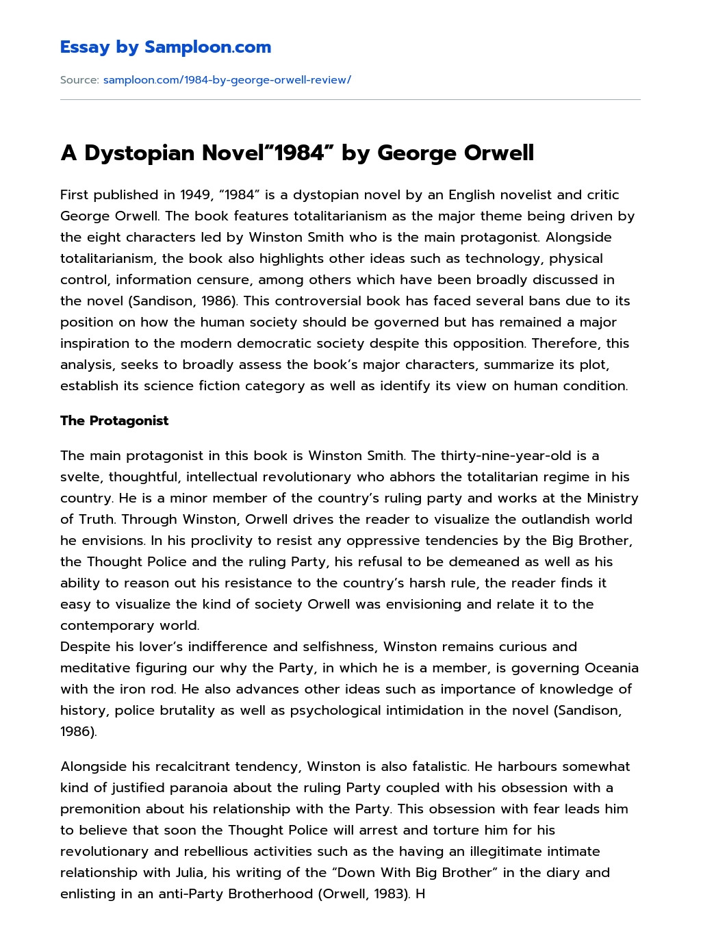 A Dystopian Novel“1984” by George Orwell Analytical Essay essay