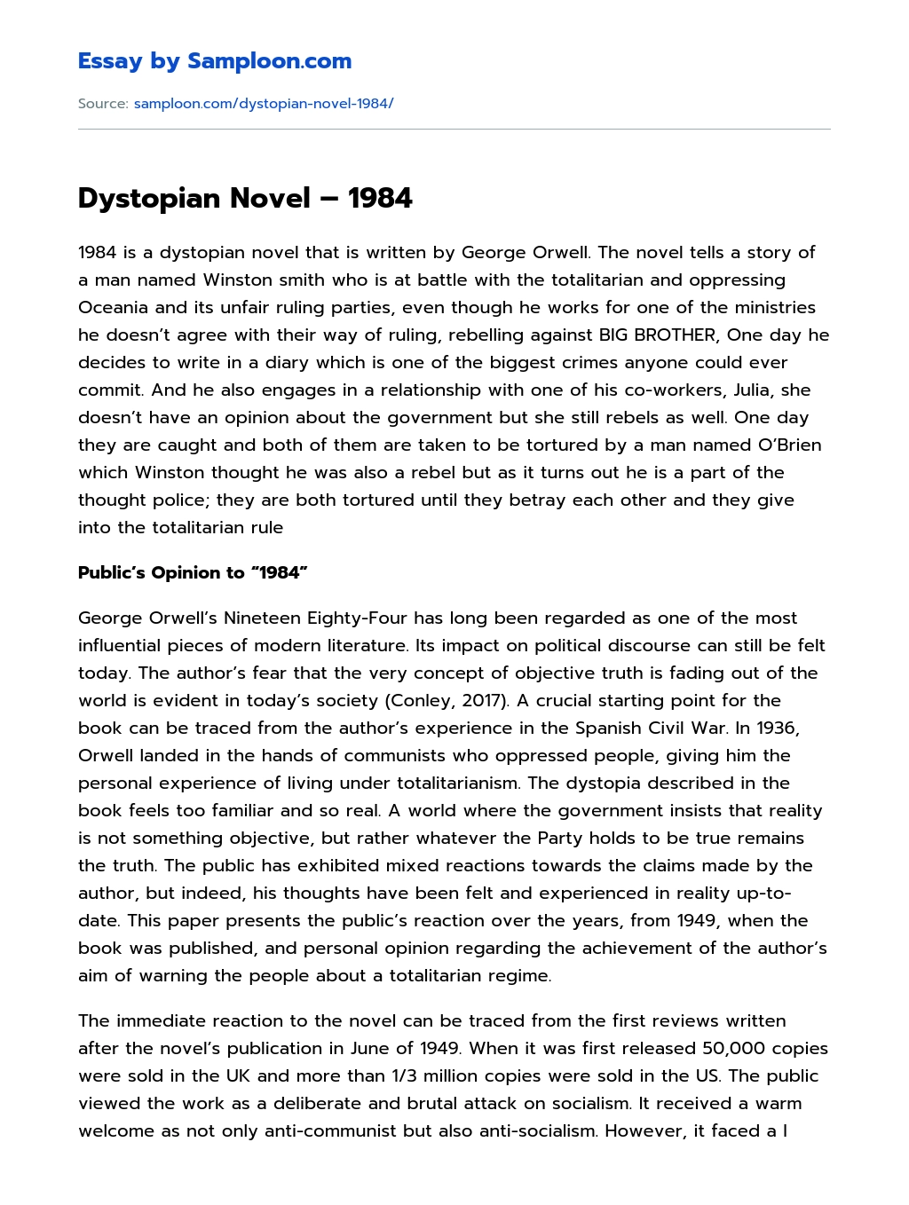 Dystopian Novel – 1984 essay