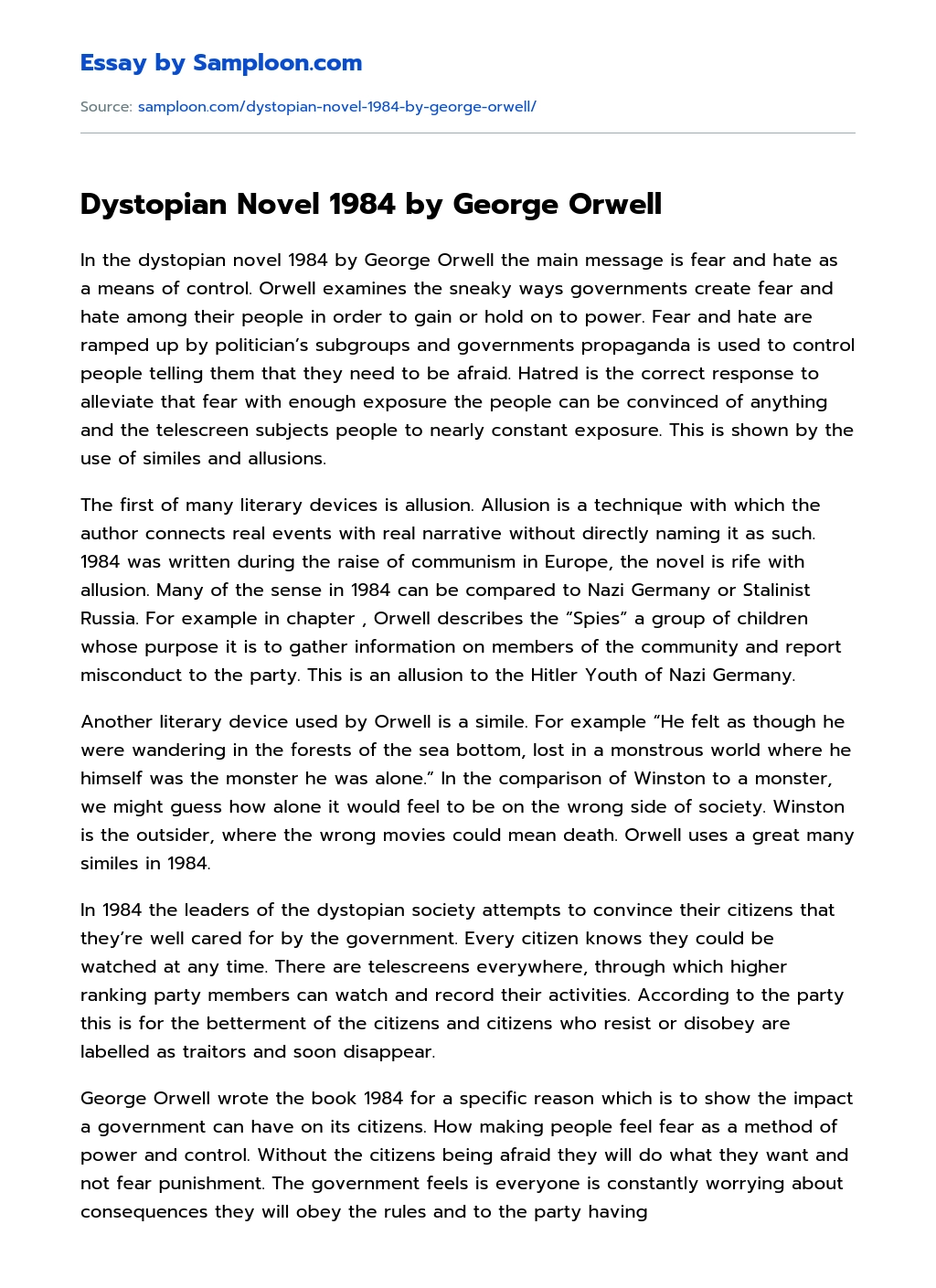 Dystopian Novel 1984 by George Orwell Analytical Essay essay