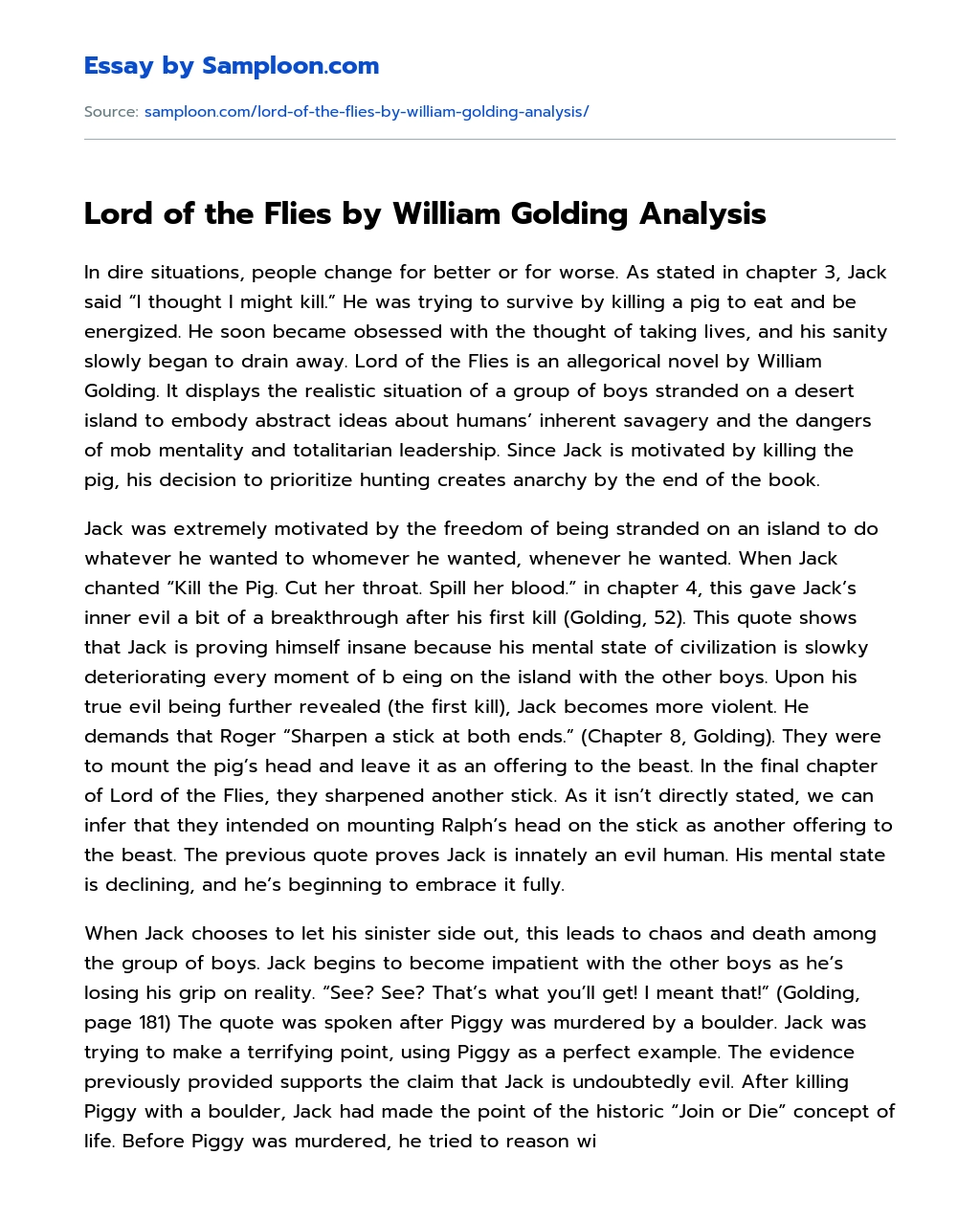 Lord of the Flies by William Golding Analysis essay
