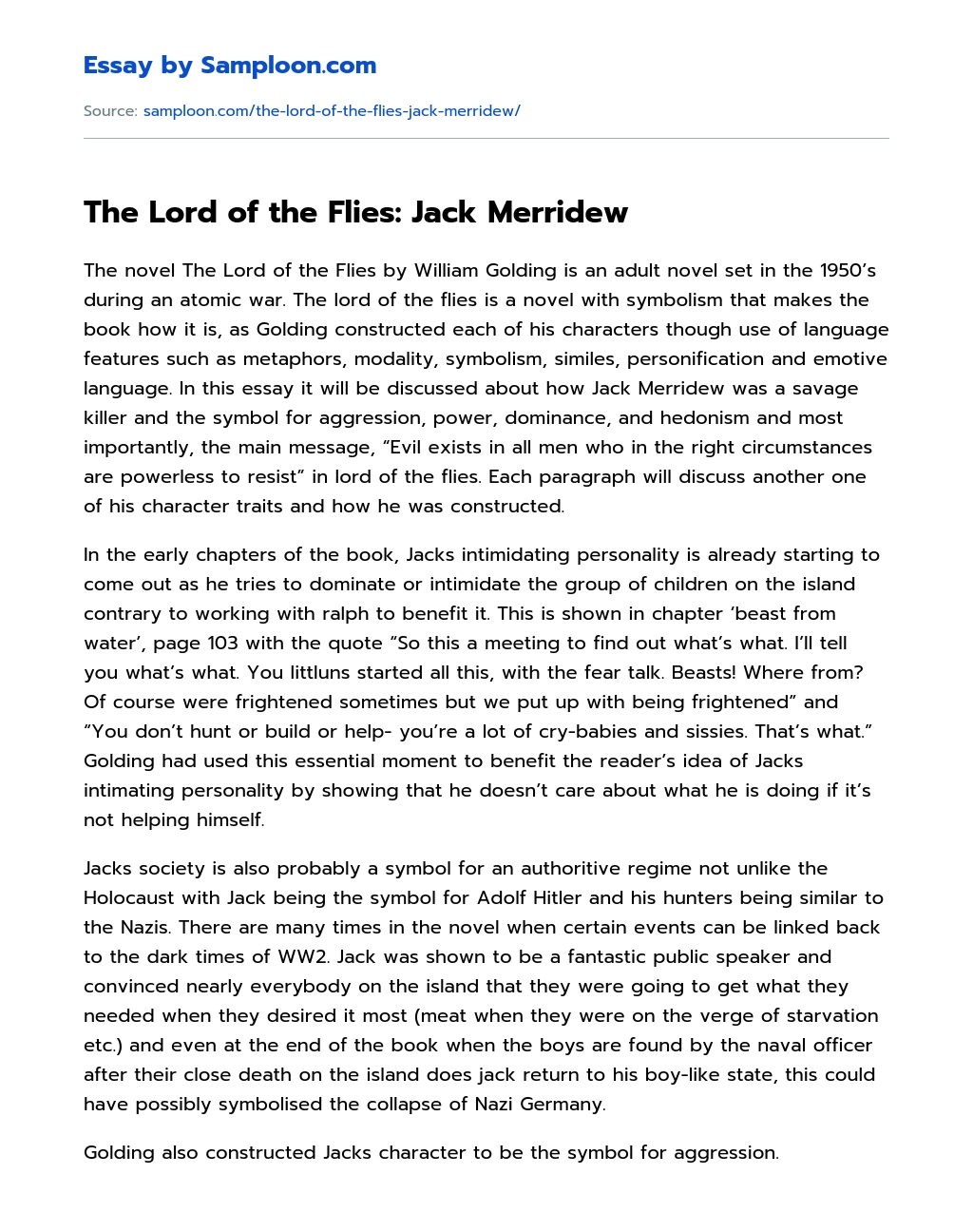 The Lord of the Flies: Jack Merridew Character Analysis essay