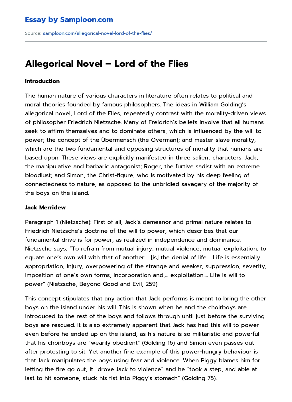 Allegorical Novel – Lord of the Flies essay