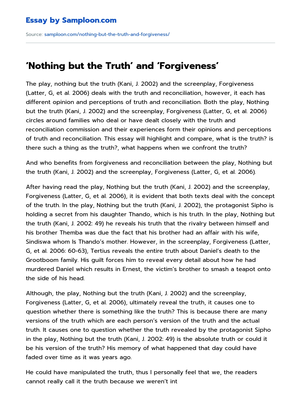 Nothing but the Truth’ and ‘Forgiveness’ Analytical Essay essay