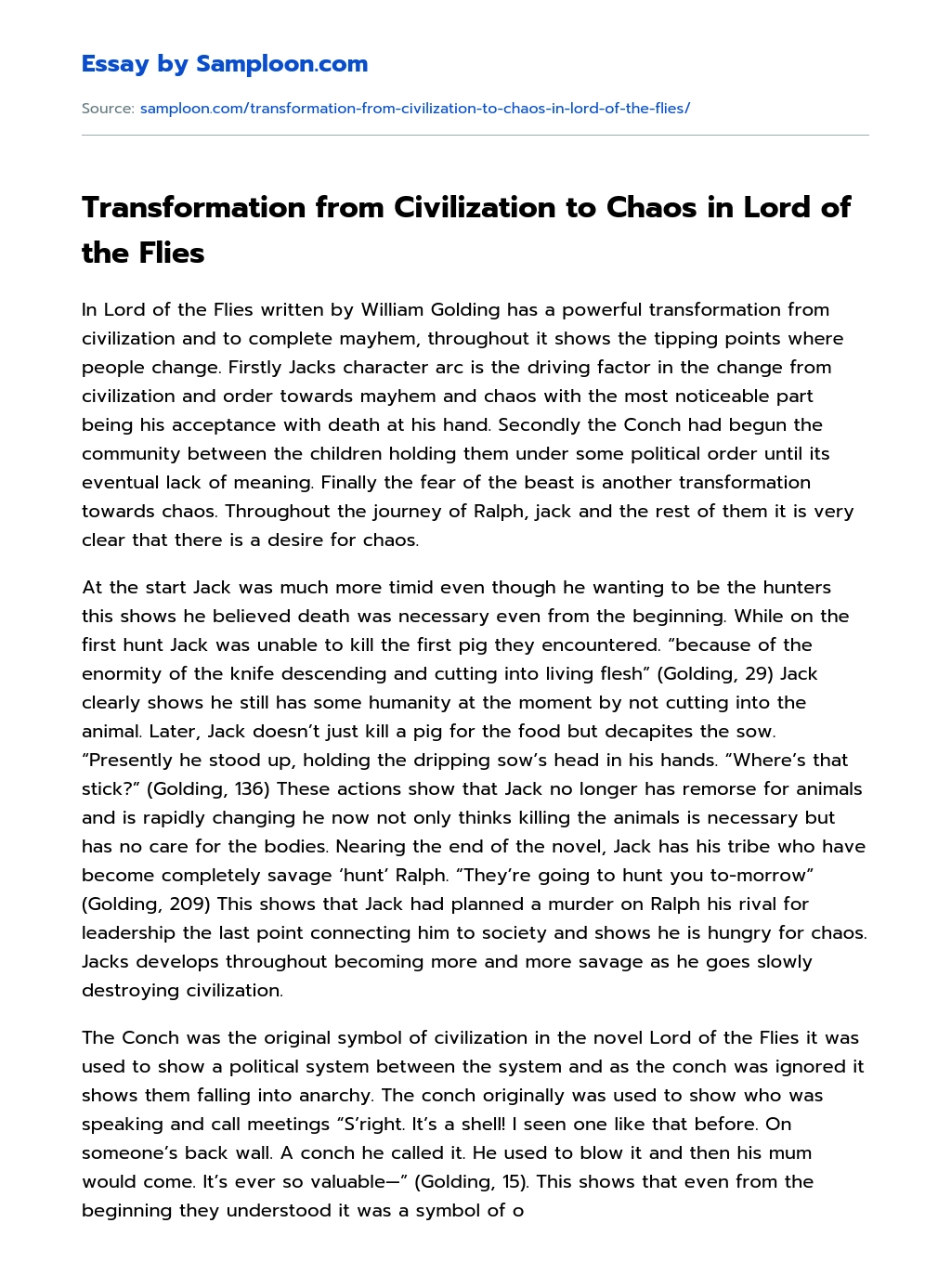 Transformation from Civilization to Chaos in Lord of the Flies essay