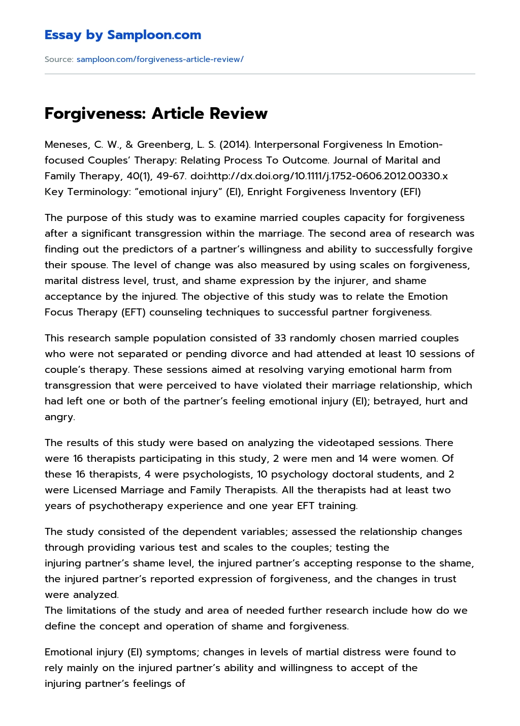 Forgiveness: Article Review essay