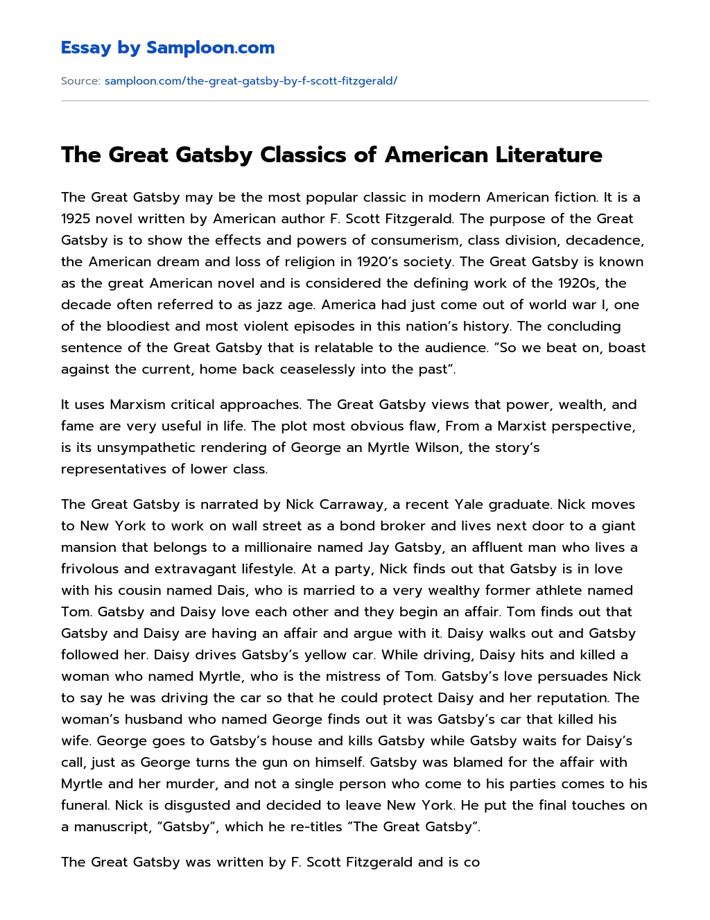 The Great Gatsby Classics of American Literature essay