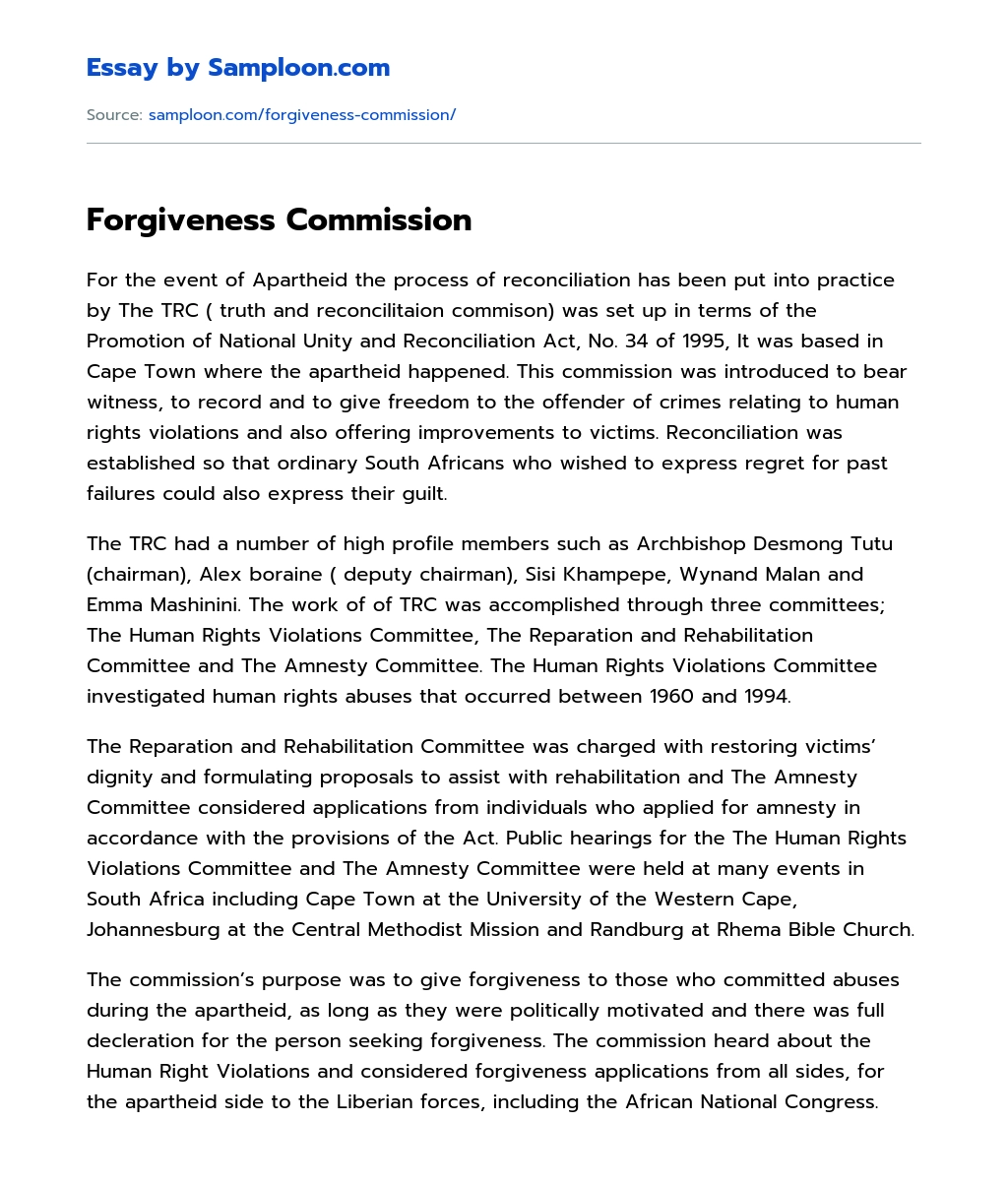 Forgiveness Commission essay